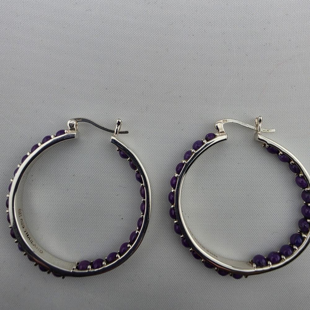 925 Sterling Silver Hoop Earrings Hinged Round 1.5in Purple/Silver Thailand
